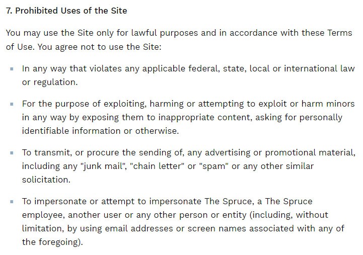 The Spruce Eats Terms of Use: Prohibited Uses of the Site clause