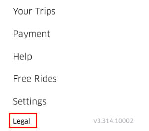 Uber mobile app with Legal menu link highlighted