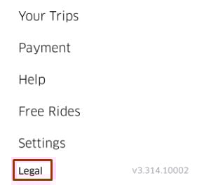 Uber mobile app with Legal menu link highlighted