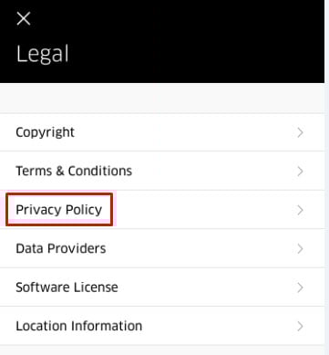 Uber mobile app Legal menu with Privacy Policy link highlighted