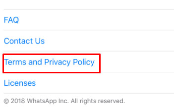 WhatsApp mobile app: Help menu with Terms and Privacy Policy link highlighted