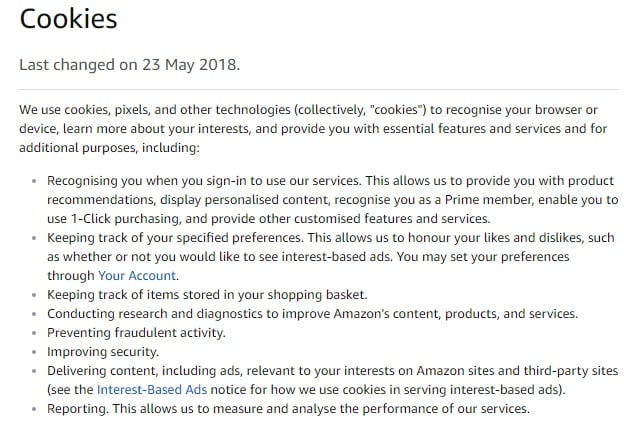 Amazon UK: Help and Customer Service - excerpt of Cookies section