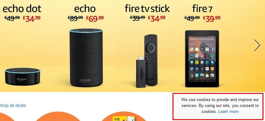 Screenshot of Amazon UK website homepage with cookies notice highlighted