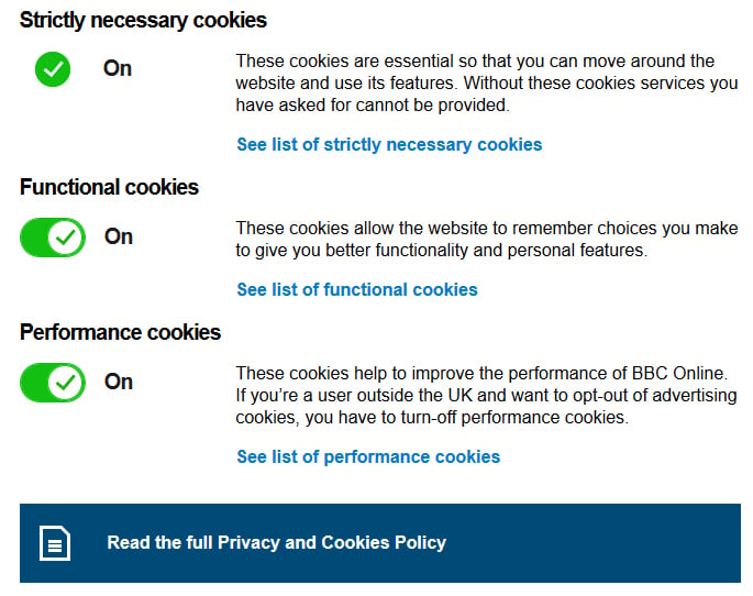 Screenshot of the BBC&#039;s Change Cookies Settings page