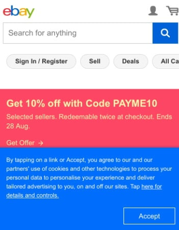 Ebay UK mobile: Cookies consent notice with accept button