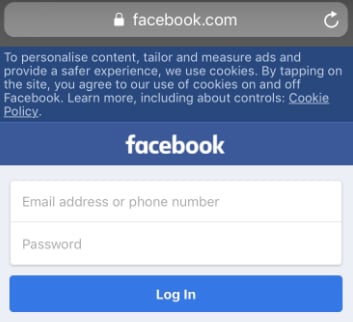 Screenshot of Facebook mobile homepage with cookies notice banner