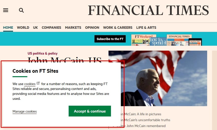 Financial Times homepage: Screenshot of Cookies Consent notice - highlighted