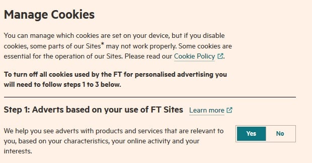 Screenshot of Financial Times Manage Cookies settings screen