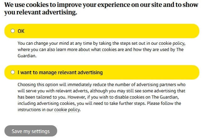 Screenshot of The Guardian&#039;s Cookies and Advertising Settings page