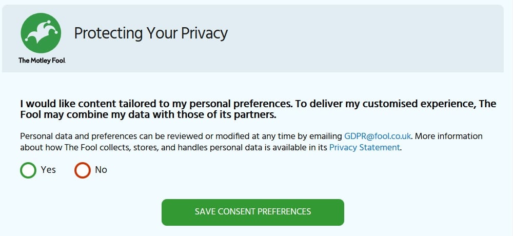 The Motley Fool: Protecting Your Privacy - Data consent pop-up