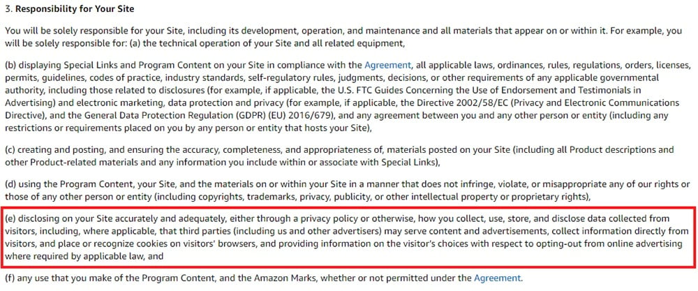 Amazon Associates Program Participation Requirements: Responsibility for Your Site clause - Disclose collected data section