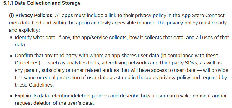 Apple&#039;s App Store Review Guidelines for developers: Data Collection and Storage clause excerpt about a required Privacy Policy