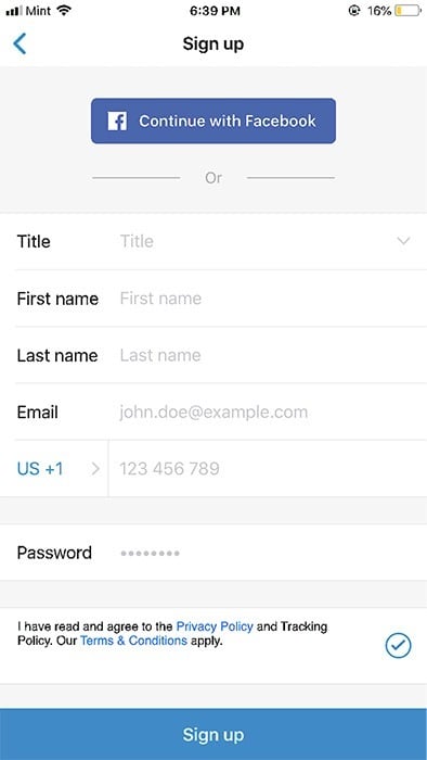 Screenshot of Blacklane&#039;s mobile app sign-up screen