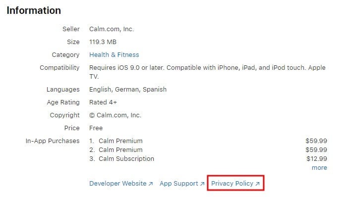 Calm app for iOS on Apple App Store desktop: Information section with Privacy Policy notated