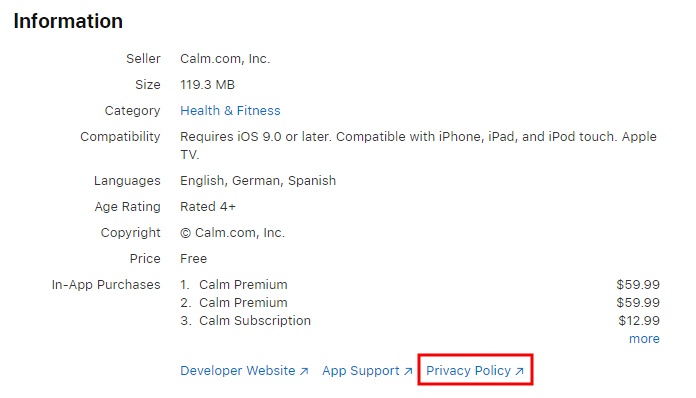 Calm app for iOS on Apple App Store desktop: Information section with Privacy Policy notated