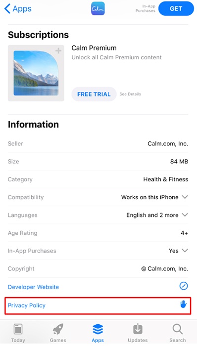 Calm app for iOS on Apple App Store: Screenshot of Information section with Privacy Policy notated
