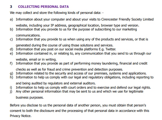 Cirencester Friendly Privacy Notice: Collecting personal data clause