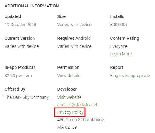 Dark Sky mobile app: Google Play Store listing Additional Information section with Privacy Policy link notated