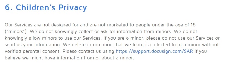 DocuSign Privacy Policy: Children's Privacy clause