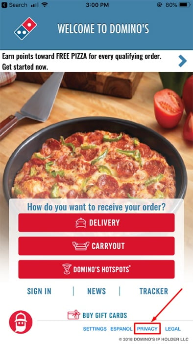 Domino&#039;s Pizza iOS Apple mobile app: Screenshot of Privacy Policy link on home screen