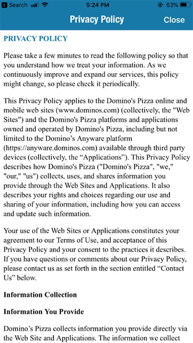 Screenshot of Domino&#039;s Pizza mobile Privacy Policy