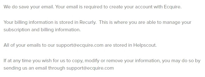 Ecquire Privacy Policy: Section covering email addresses, billing information and contact information
