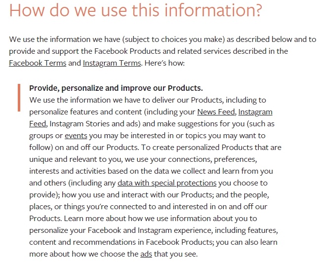 Facebook Data Policy: Excerpt of How do we use this information clause