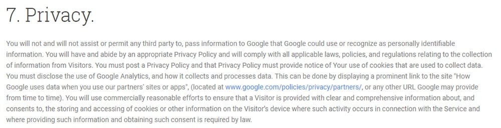 Google Analytics Terms of Service: Privacy Policy is required clause