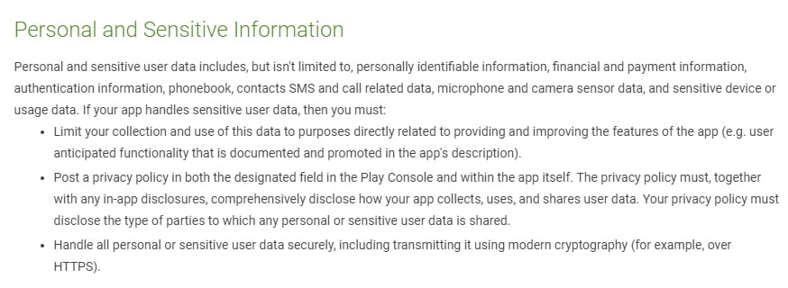 Google Developer Policy Center: Privacy, Security and Deception Section - Personal and Sensitive Information clause with requirement for Privacy Policy