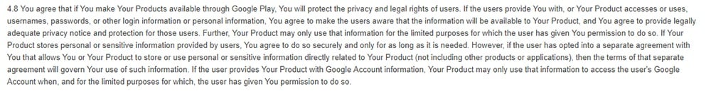 Google Play Developer Distribution Agreement: Clause with Privacy Notice requirement