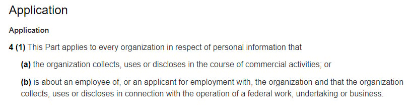 Screenshot of Application section excerpt from PIPEDA full text pdf