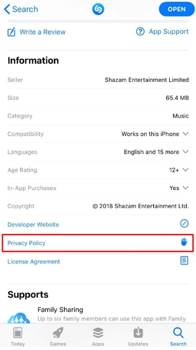Shazam app for iOS on Apple App Store: Screenshot of Information section with Privacy Policy notated
