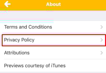 Shazam iOS Apple mobile app: Screenshot of About menu with Privacy Policy notated