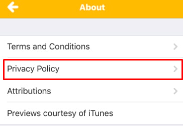 Shazam iOS Apple mobile app: Screenshot of About menu with Privacy Policy notated