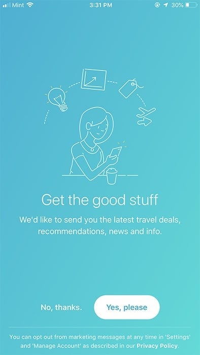 Skyscanner app: Screen to get permission to send marketing communications