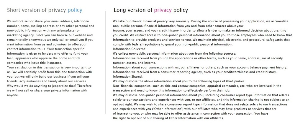 VeryNiceHomes Privacy Policies: Short and Long versions