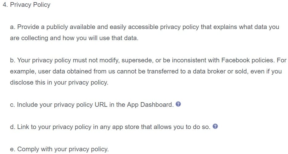 Facebook Developer Platform Policy: Privacy Policy URL requirements section