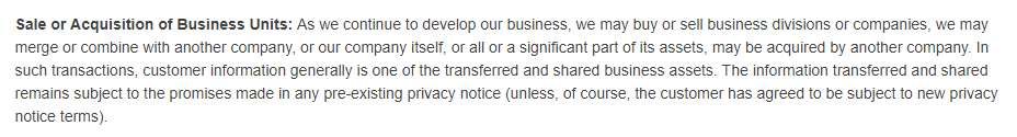 GameStop Privacy Policy: Sale or Acquisition of Business Units clause