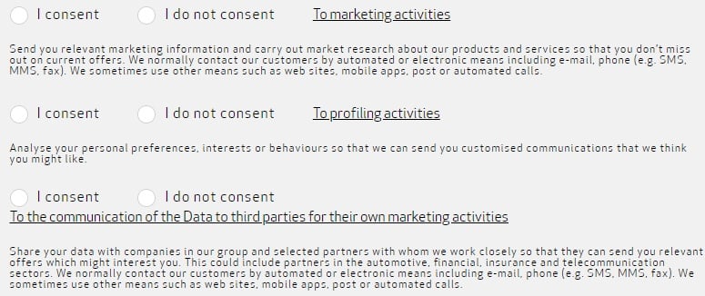 Alfa Romeo form for consent to marketing, profiling and third party communication