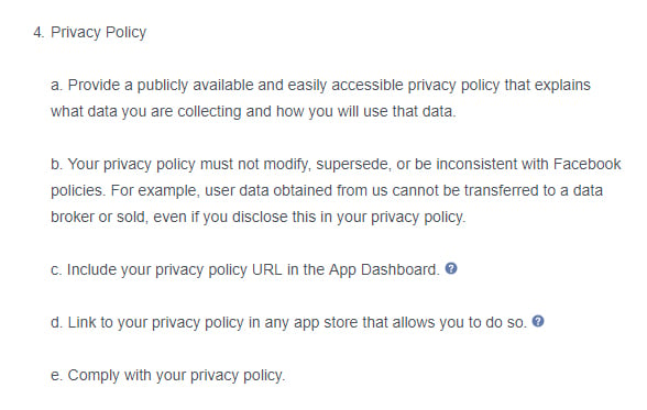 Facebook Platform Policy: Privacy Policy requirement clause
