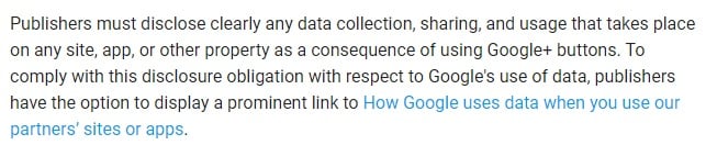 Google Buttons Policy: Section with requirement to disclose data collection, sharing and usage