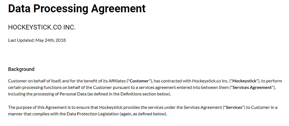 Screenshot of Hockeystick Data Processing Agreement background section