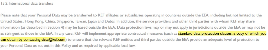 KEF Privacy Policy: International Data Transfers clause