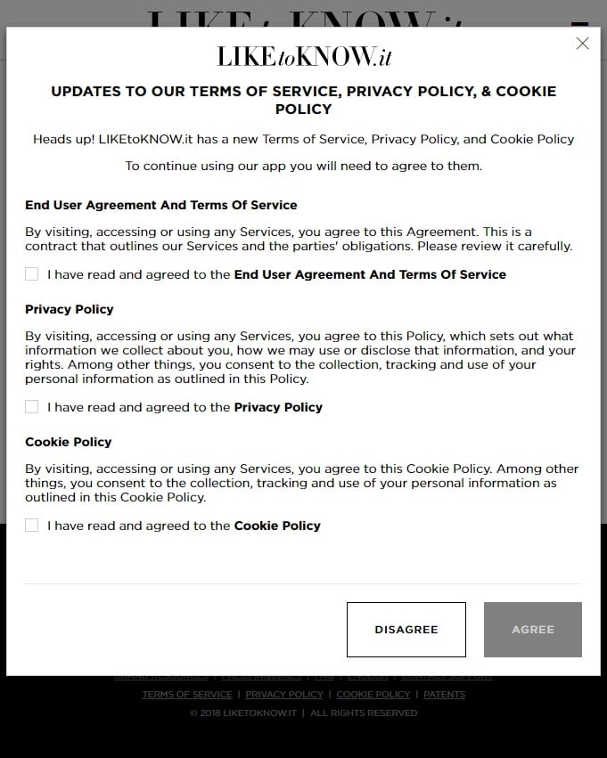 LIKEtoKNOWit New account agree-to page with Terms of Service, Privacy Policy, Cookie Policy and EULA