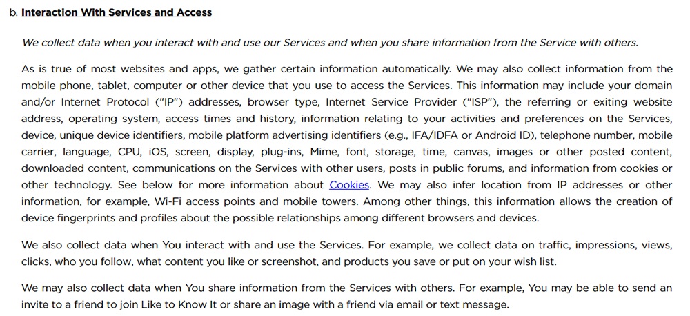 LIKEtoKNOWit Privacy Policy: Interaction with Services and Access clause