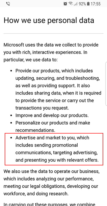 Microsoft Privacy Statement: How we use personal data clause with advertising and marketing section highlighted