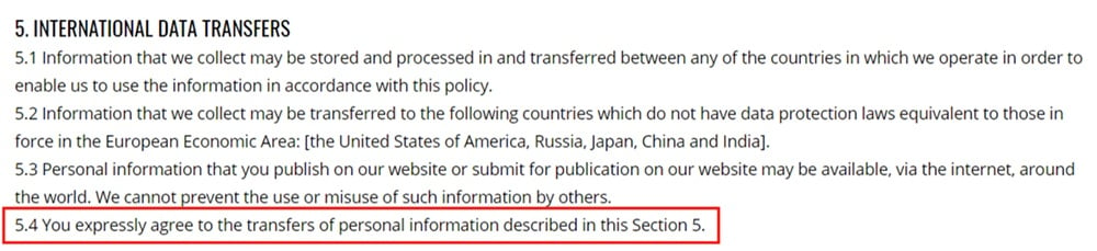 Minotaur Flight Store Privacy and Cookies Policy: International Data Transfers clause