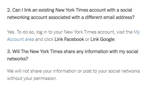 Screenshot of excerpt of the New York Times help and questions for social login