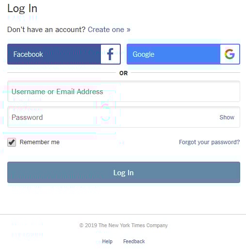 Screenshot of the New York Times log-in form