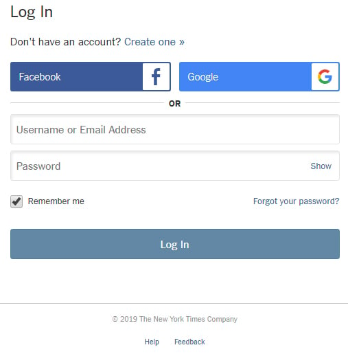 Screenshot of the New York Times log-in form